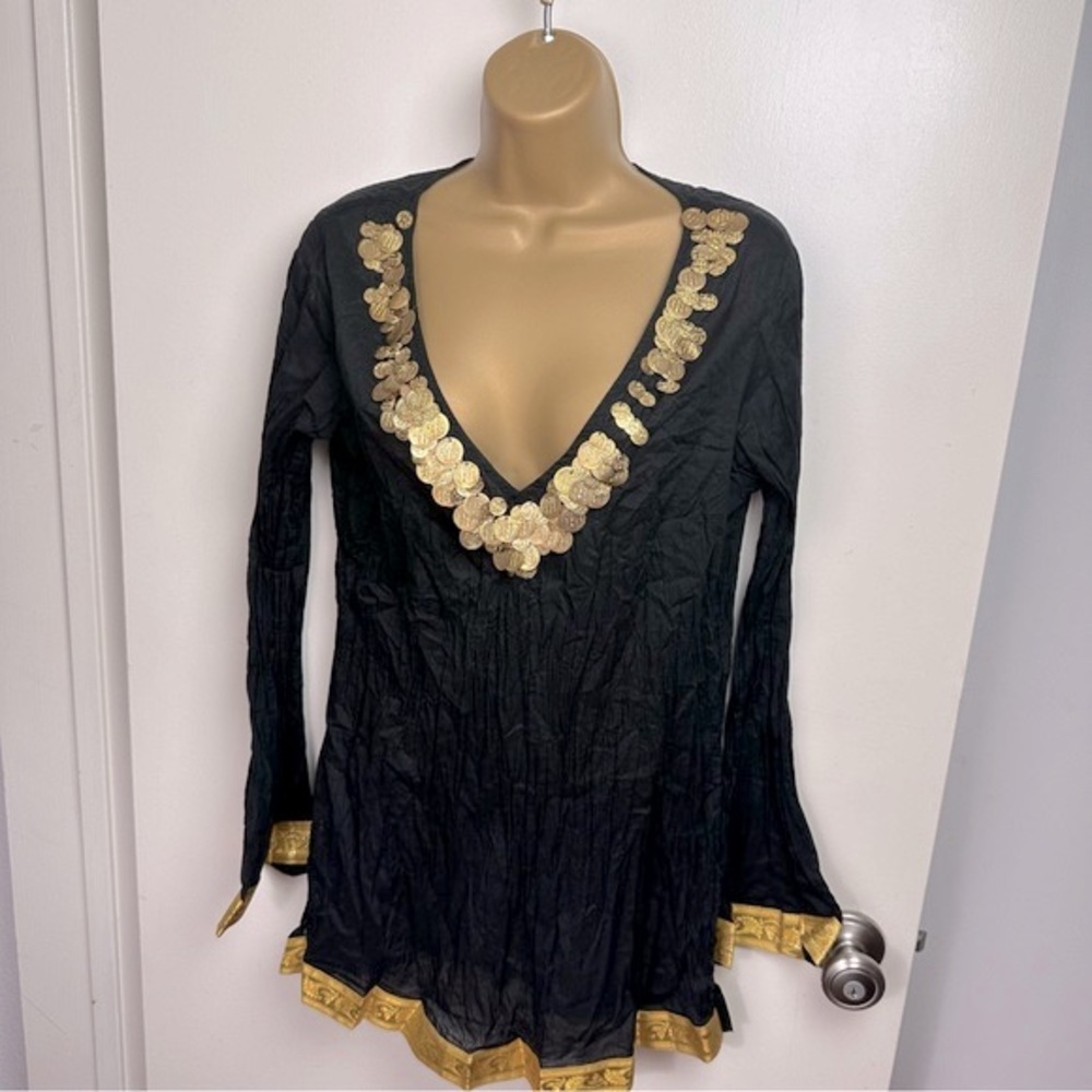 BB Jeans Black Faux Gold Coin Bell Sleeve Gold Trim Gypsy Inspired Top NWT L